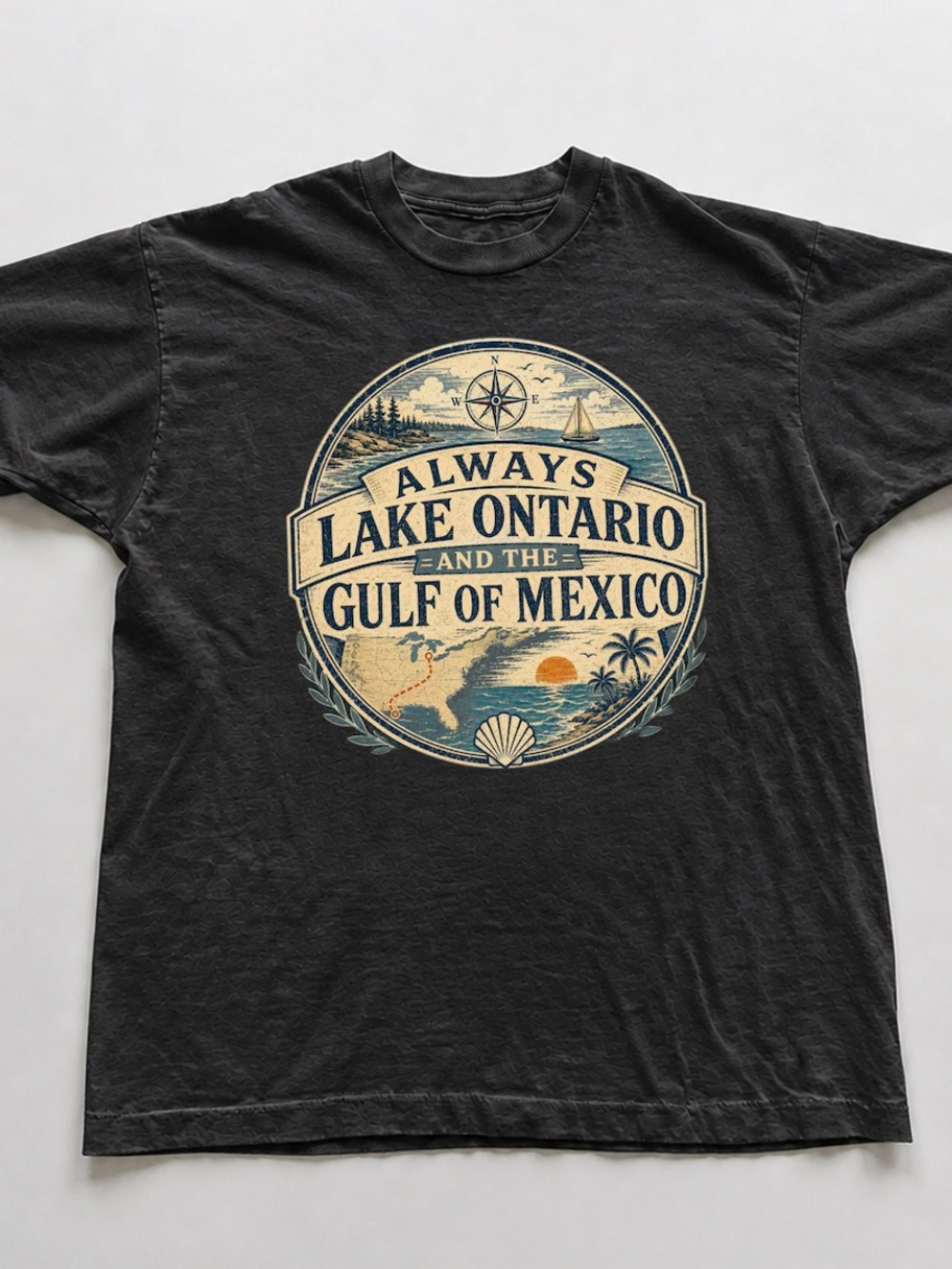 Black Short Sleeve Tee with Lake Ontario & Gulf of Mexico Graphic